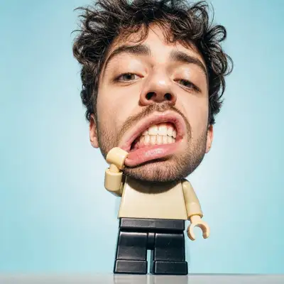 Giant realistic head on a tiny LEGO minifigure body
