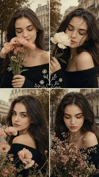 Vintage Editorial Four-Panel Floral Portrait Collage