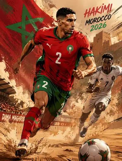 Hakimi comic-book style defensive sprint illustration