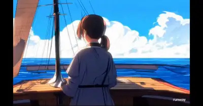 Japanese animated film: young woman on ship looking back