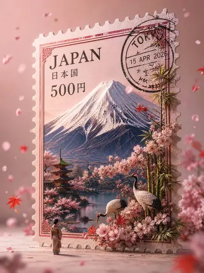 Diorama de país con sello postal vintage gigante