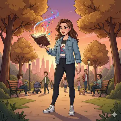Dessin animé d'une femme avec un livre magique dans un parc urbain