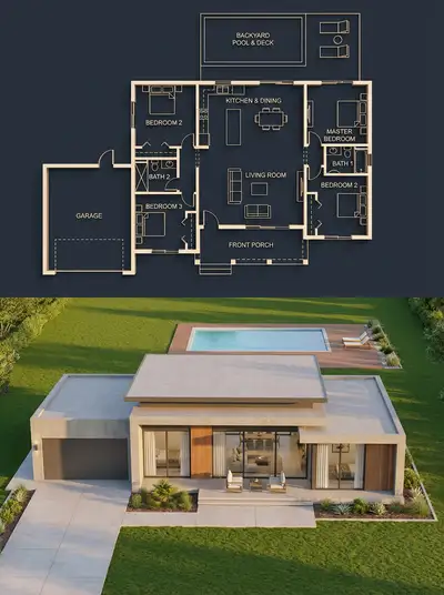 Geteiltes Rendering: Bauplan und fotorealistisches Hausrendering
