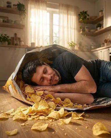 Mann schläft friedlich in einer riesigen Kartoffelchips-Tüte