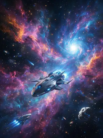 Futuristischer Tiefraumblick mit Nebeln und einem Raumschiff