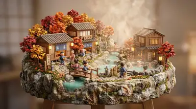 Miniature Japanese onsen village diorama