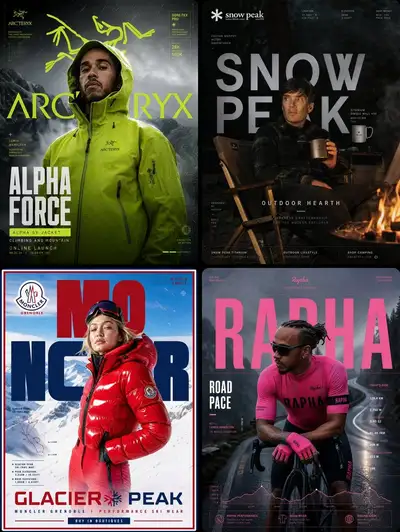 Outdoor gear celebrity campaign poster set (Arc'teryx, Snow Peak, Moncler, Raph
