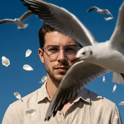 Cinematic Portrait with Seagulls and Flower Petals