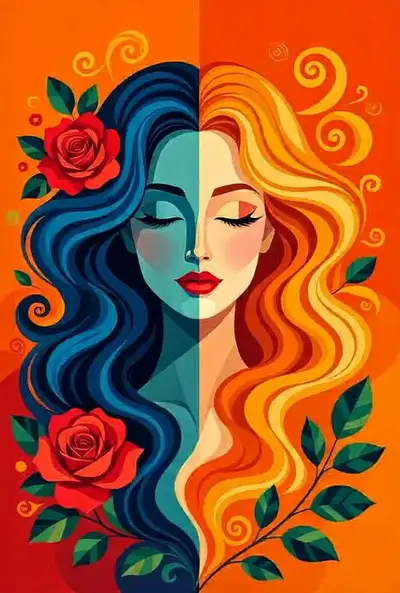 Split-Face Abstract Portrait with Floral Waves