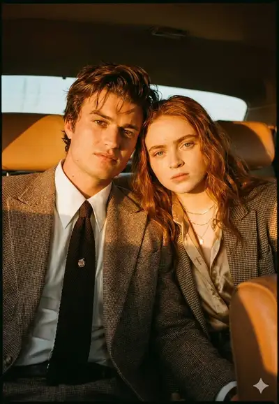 Modelo JSON de retrato de casal no banco de trás de um carro vintage