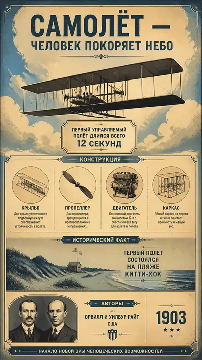 Airplane Invention Flat Vintage Poster