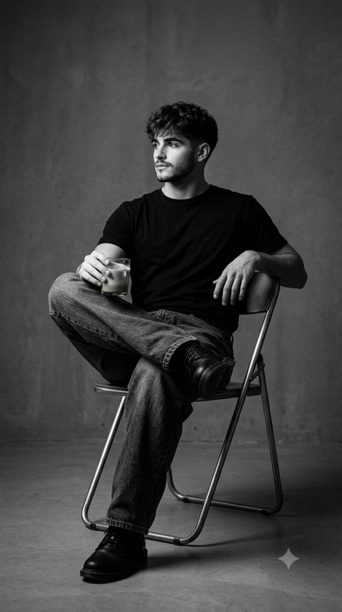 Black and white studio portrait on a metal folding chair
