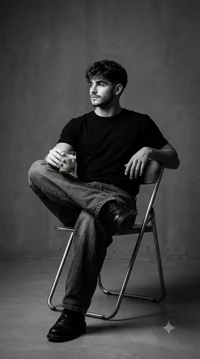 Retrato de estudio en blanco y negro sobre una silla plegable de metal