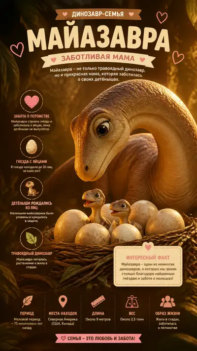 Cute Pixar style maiasaura caring mother dinosaur infographic