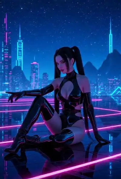Cyberpunk Woman Neon Landscape Prompt