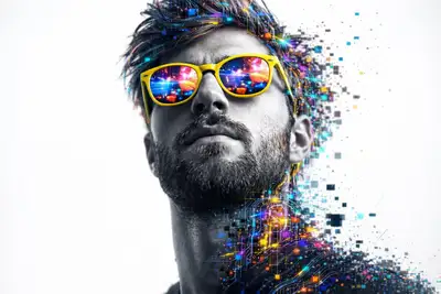 Glitch-art digital head dissolving into pixels