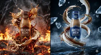 Split-Screen Cappuccino Ad: Volcano vs Arctic