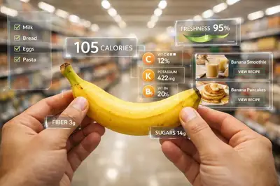 AR nutrition overlay on fruit in a supermarket aisle