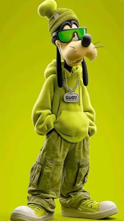 Personagem de cachorro em desenho 3D com roupa urbana neon (Nano Banana Pro)