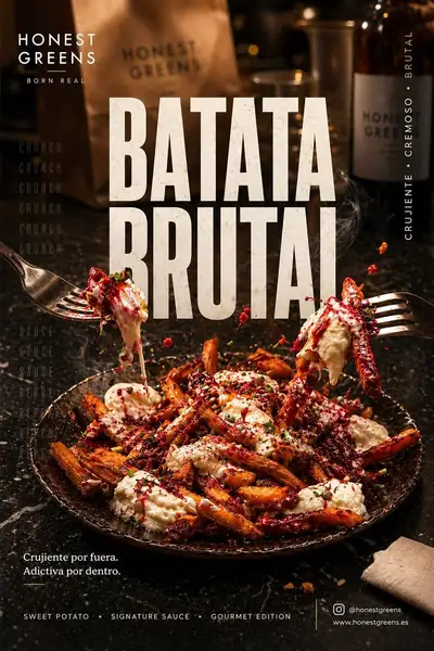 Premium loaded sweet potato fries advertising poster