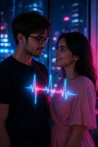 Romantic cinematic scene with holographic heartbeat