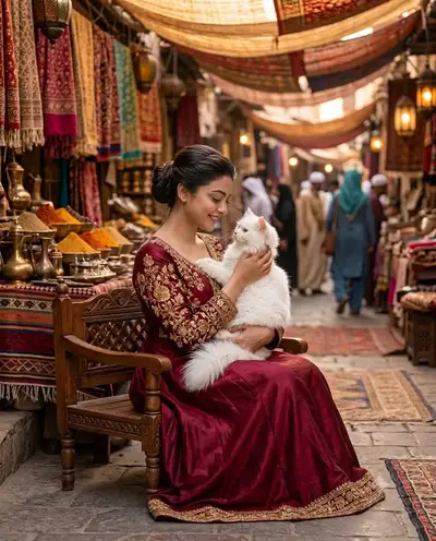 Cinematic Portrait of Woman with Persian Cat in Bazaar
