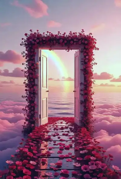 Couloir flottant de fleurs pressées sous un ciel rose