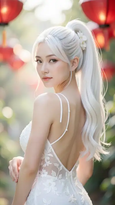 Ethereal Portrait with Platinum Hair and Lantern Bokeh