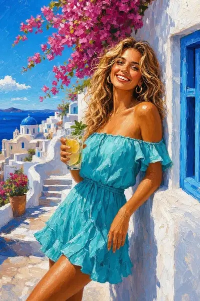 Vibrant Painterly Greek Island Scene