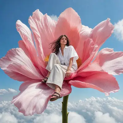 Fashion Model Sitting on a Giant Pink Flower Above the Clouds