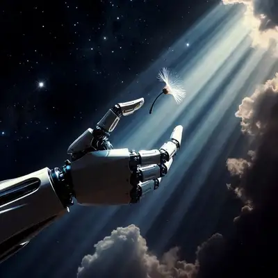 Robotic Arm Releasing Flower Seed in Futuristic Starry Scene