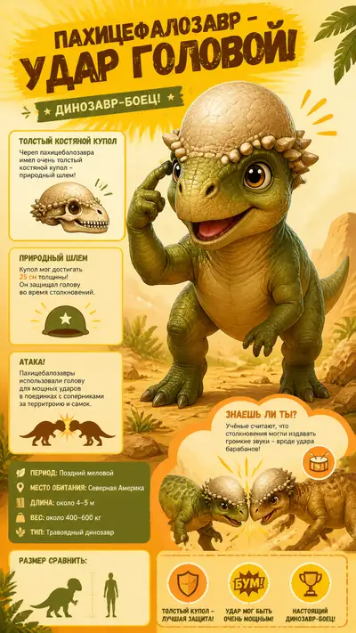 Cute Pixar style pachycephalosaurus headbutt fighter infographic
