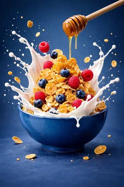 Floating bowl with suspended ingredients food photography