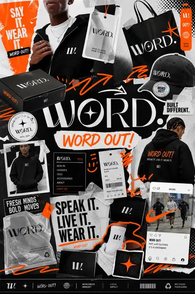 Explosive brand identity moodboard collage for a clothing label