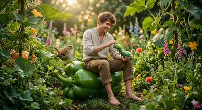 Whimsical Fantasy Scene with Giant Bell Pepper