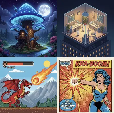 Four Art Styles 2x2 Grid Image Prompt
