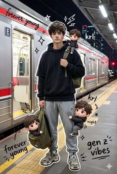 Mixed media train station portrait with playful 3D chibi doubles