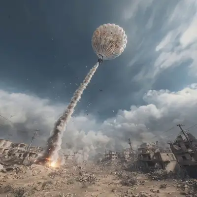 Golden Hot Air Balloon Over War-Torn City