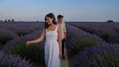Filmische Szene am Lavendelfeld am Abend