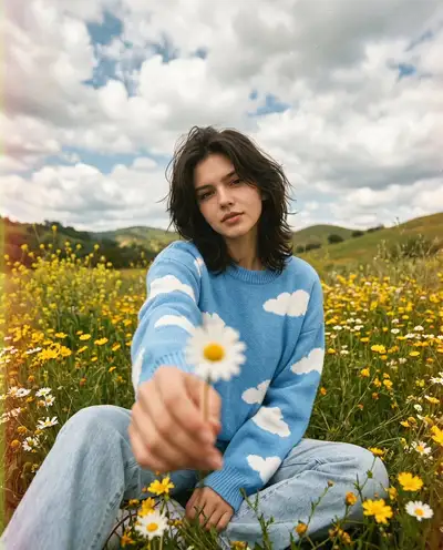 Cinematic wildflower field portrait with a daisy
