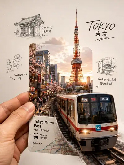 Tokio-Reisetagebuch-Scrapbook-Collage mit einem U-Bahn-Pass-Portal
