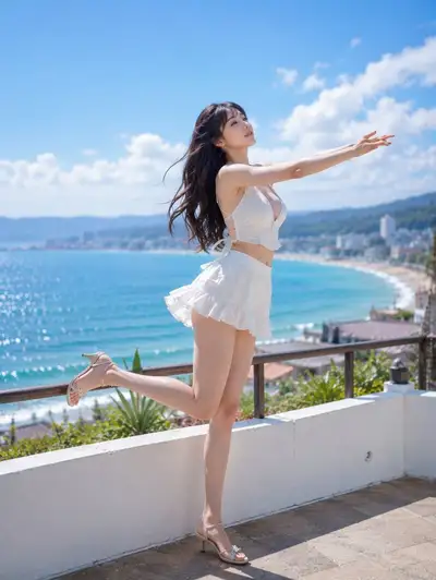 Seaside terrace portrait with a leaping pose over the ocean