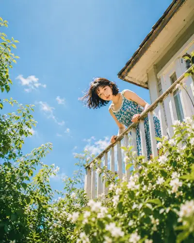 Low-angle balcony portrait in a floral summer sundress