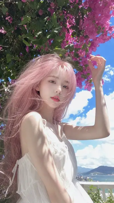 Portrait de rêve au smartphone d'une fille aux cheveux roses