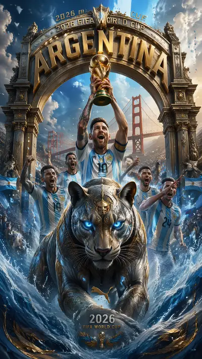 Epic World Cup 2026 poster for Argentina with metallic puma
