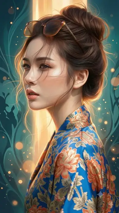 Retrato de arte conceitual de fantasia em azul-petróleo e dourado