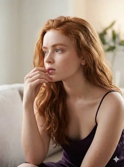 Ultra-Realistic Female Portrait on Couch (Satin Dress)