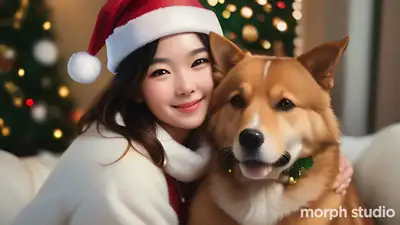Happy Person with Dog Christmas Portrait