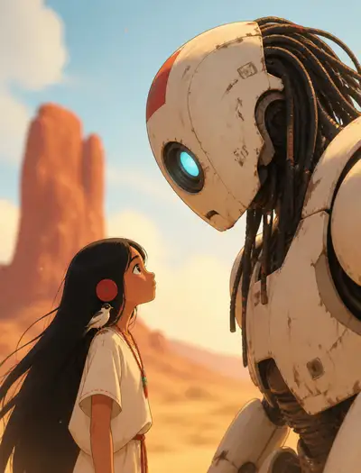 2D painterly desert scene of a girl facing a giant robot