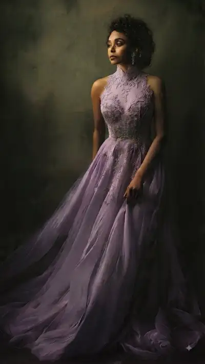 Retrato Vintage Elegante de uma Mulher em Vestido Roxo